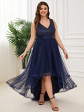 Plus Size A-Line Sleeveless V-Neck Tulle High Low Ruffles Evening Dress