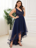 Plus Size A-Line Sleeveless V-Neck Tulle High Low Ruffles Evening Dress