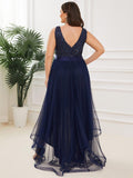 Plus Size A-Line Sleeveless V-Neck Tulle High Low Ruffles Evening Dress