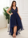 Plus Size A-Line Sleeveless V-Neck Tulle High Low Ruffles Evening Dress