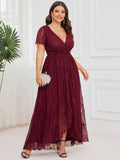 A-Line V-Neck Ruffles Lace Short Sleeve Formal Evening Dress