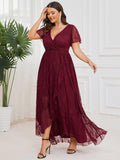 A-Line V-Neck Ruffles Lace Short Sleeve Formal Evening Dress