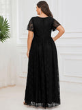 A-Line V-Neck Ruffles Lace Short Sleeve Formal Evening Dress