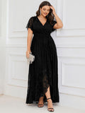 A-Line V-Neck Ruffles Lace Short Sleeve Formal Evening Dress