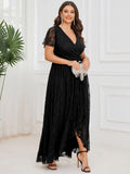 A-Line V-Neck Ruffles Lace Short Sleeve Formal Evening Dress