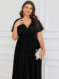 A-Line V-Neck Ruffles Lace Short Sleeve Formal Evening Dress