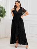 A-Line V-Neck Ruffles Lace Short Sleeve Formal Evening Dress