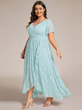 A-Line V-Neck Ruffles Lace Short Sleeve Formal Evening Dress