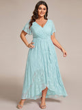 A-Line V-Neck Ruffles Lace Short Sleeve Formal Evening Dress