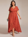A-Line V-Neck Ruffles Lace Short Sleeve Formal Evening Dress