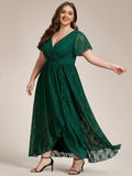 A-Line V-Neck Ruffles Lace Short Sleeve Formal Evening Dress