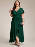 A-Line V-Neck Ruffles Lace Short Sleeve Formal Evening Dress