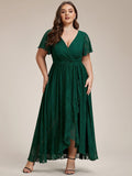 A-Line V-Neck Ruffles Lace Short Sleeve Formal Evening Dress
