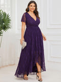 A-Line V-Neck Ruffles Lace Short Sleeve Formal Evening Dress