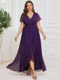 A-Line V-Neck Ruffles Lace Short Sleeve Formal Evening Dress