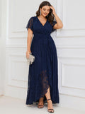 A-Line V-Neck Ruffles Lace Short Sleeve Formal Evening Dress