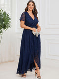 A-Line V-Neck Ruffles Lace Short Sleeve Formal Evening Dress