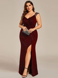 Plus Size Mermaid Glitter V-Neck Sleeveless High Slit Evening Dress