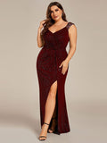 Plus Size Mermaid Glitter V-Neck Sleeveless High Slit Evening Dress