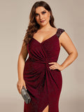 Plus Size Mermaid Glitter V-Neck Sleeveless High Slit Evening Dress