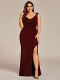 Plus Size Mermaid Glitter V-Neck Sleeveless High Slit Evening Dress