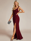 Glitter Sheath V-Neck Straps Sleeveless Side Slit Evening Dress