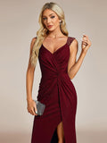 Classy Double Straps V-Neck Side Slit Glitter Evening Dress