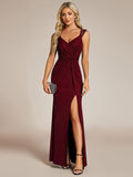 Glitter Sheath V-Neck Straps Sleeveless Side Slit Evening Dress