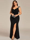 Plus Size Mermaid Glitter V-Neck Sleeveless High Slit Evening Dress