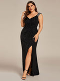 Plus Size Mermaid Glitter V-Neck Sleeveless High Slit Evening Dress