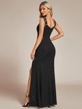 Glitter Sheath V-Neck Straps Sleeveless Side Slit Evening Dress