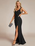 Glitter Sheath V-Neck Straps Sleeveless Side Slit Evening Dress