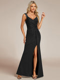 Glitter Sheath V-Neck Straps Sleeveless Side Slit Evening Dress