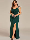 Plus Size Mermaid Glitter V-Neck Sleeveless High Slit Evening Dress