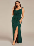 Plus Size Mermaid Glitter V-Neck Sleeveless High Slit Evening Dress