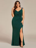 Glitter Sheath V-Neck Straps Sleeveless Side Slit Evening Dress
