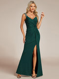 Glitter V-Neck Straps Pleated Wedding Guest Dress with High Slit