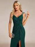 Classy Double Straps V-Neck Side Slit Glitter Evening Dress