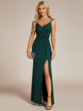 Glitter V-Neck Straps Pleated Wedding Guest Dress with High Slit