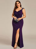 Plus Size Mermaid Glitter V-Neck Sleeveless High Slit Evening Dress