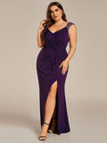 Plus Size Mermaid Glitter V-Neck Sleeveless High Slit Evening Dress