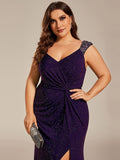 Plus Size Mermaid Glitter V-Neck Sleeveless High Slit Evening Dress