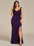 Glitter Sheath V-Neck Straps Sleeveless Side Slit Evening Dress