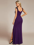 Glitter Sheath V-Neck Straps Sleeveless Side Slit Evening Dress
