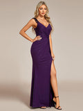 Glitter V-Neck Straps Pleated Wedding Guest Dress with High Slit