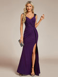 Classy Double Straps V-Neck Side Slit Glitter Evening Dress