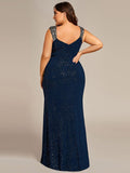 Plus Size Mermaid Glitter V-Neck Sleeveless High Slit Evening Dress