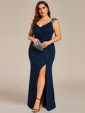 Plus Size Mermaid Glitter V-Neck Sleeveless High Slit Evening Dress