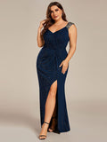 Glitter Sheath V-Neck Straps Sleeveless Side Slit Evening Dress
