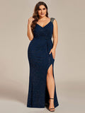 Plus Size Mermaid Glitter V-Neck Sleeveless High Slit Evening Dress